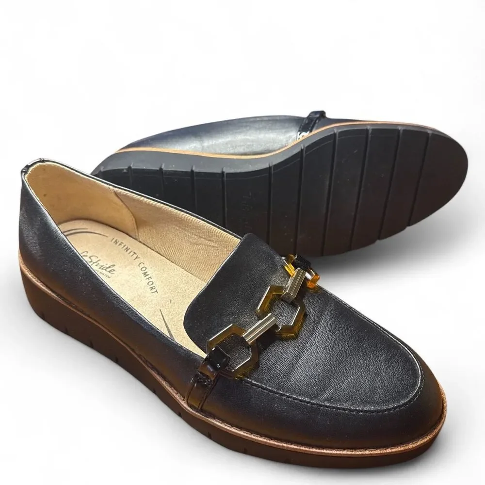 Lifestride Women's Black and Gold Loafers Tortoise Shell Accents Comfort SlipOn